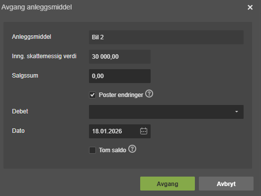 Avgang anleggsmiddel: Bil 2, inngangsverd. 30 000 kr, salgsum 0 kr, Poster endringer aktiv, dato 18.01.2026