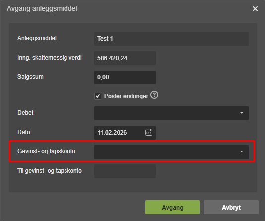 Avgang anleggsmiddel: Test 1, verdi 586 420,24, Gevinst- og tapskonto-felt markert rødt