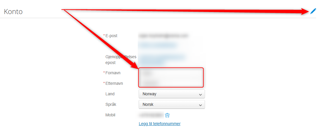 Kontoskjema: E-post, Fornavn/Etternavn (obligatorisk), Land: Norway, Språk: Norsk, Mobil + «Legg til telefonnummer»