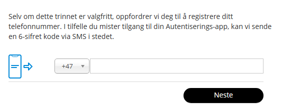 Telefonregistrering: +47-prefiks, tomt nummerfelt, Neste-knapp. SMS-kode sendes ved bekreftelse.