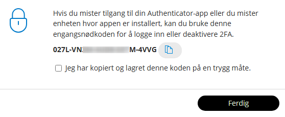 2FA-autentisering: vis koder 0271-VN og M-4VVG, bekreft kopiering, trykk Ferdig