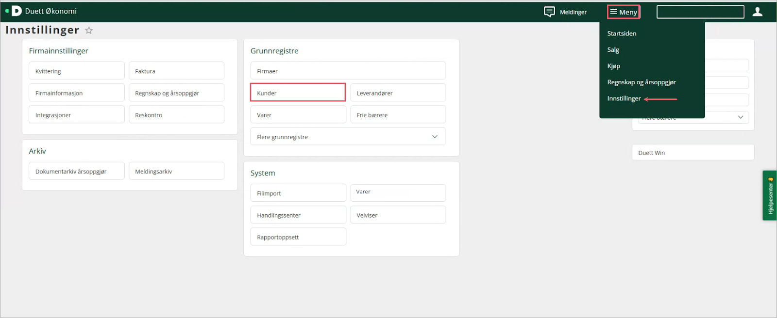 Innstillinger-siden med Firmainnstillinger, Grunnregistre (Kunde markert), Arkiv og systemkategorier synlig.