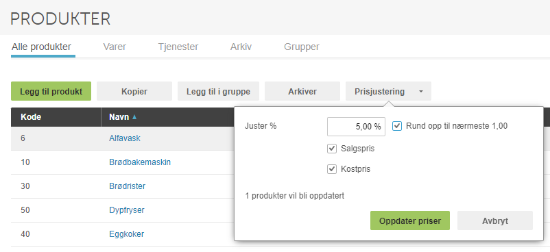 Prissjustering-dialogboks: 5,00 % justering med Rund opp og Salgspris/Kostpris valgt
