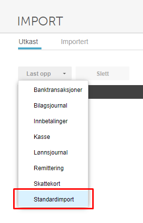 Importdialog, rullegardin åpent. Standardimport markert (rød ramme) blant maltyper: Bank, Bilag, Lønn.
