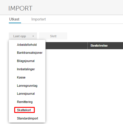 Importdialog rullegardin: Arbeidsforhold → Skattekort (markert)