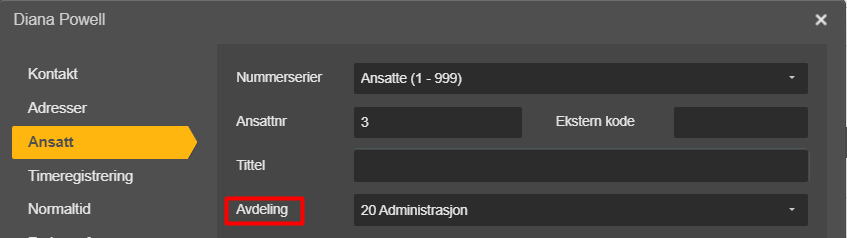 Ansatt-fanen for Diana Powell: Ansattnr 3, Avdeling 20 Administrasjon markert som påkrevd