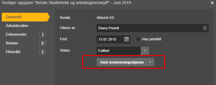 Redigering av oppgave Skattetrekk: Status Fullført, kunde Akkurat AS, Hent avstemmingsskjema-meny framhevet