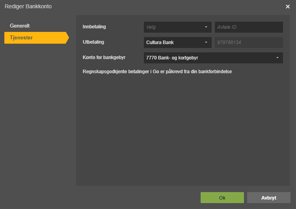 Rediger Bankkonto, Tjenester-fanen: Cultura Bank, ID 979788134, gebyr → 7770