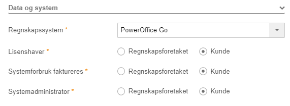 Innstillinger Data og system: PowerOffice Go valgt, Lisenshaver/Systemforbruk/Admin → Kunde markert