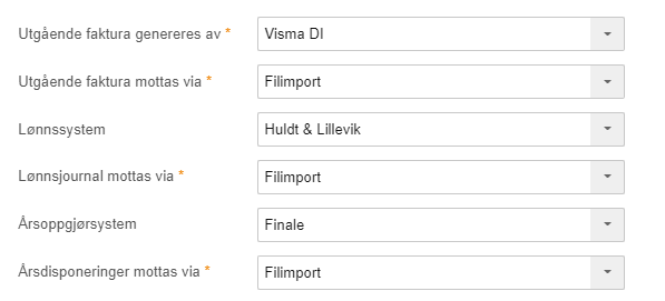 Integrasjonsinnstillinger: faktura via Visma DI/Filimport, lønn Huldt & Lillevik/Filimport, årsoppgjør Finale/Filimport