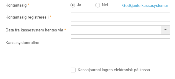 Kassaoppsett: Kontantalg Ja/Nei, registreringssted, datasource dropdown, rutine og kassajournal-lagring
