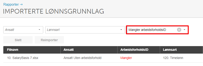 ArbeidsfoholdsID-felt markert rødt med feilstatus «Mangler» i importmappingskjema