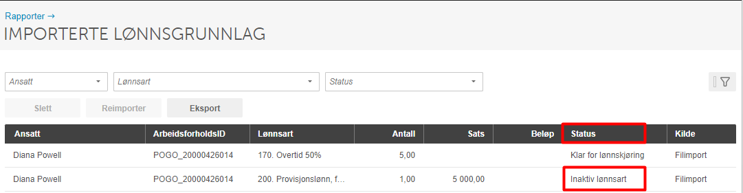 Lønnsgrunnjag-tabell: Overtid 50% (Klar for lønnkjøring) og Provisjonslønj (Inaktiv lønnsart) for Diana Powell