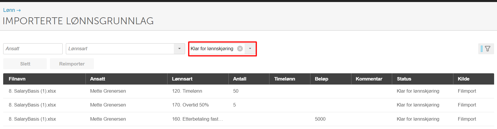 Lønnsgrunnglag-tabell med filter «Klar for lønnskjøring» aktivert. Tre poster fra SalaryBasis for Mette Grenersen vises.
