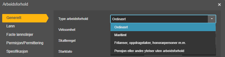 Arbeidsforhold-dialog: Type arbeidsforhold satt til Ordinært med Mani­malt og Pensjon-valg synlig