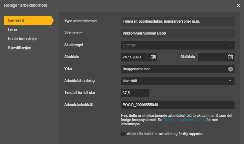 Dialogboks Rediger arbeidsforhold → Generelt med startdato 24.11.2020, Byggeriararbeider, 37,5 timer