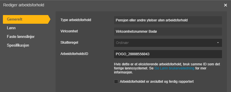 Rediger arbeidsforhold-dialogboks med Type, Virksomhetsnummer, Skatteregel og ArbeidsfrorholdID