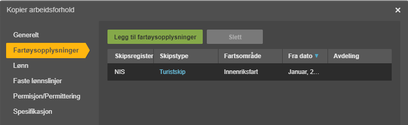 Kopier arbeidsforhold-dialog, Farteyoplysninger-fanen: NIS/Turistskip/Innenriksfart/januar