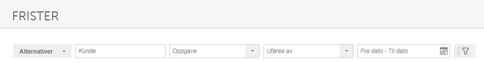 Filterbar Frister: Alternativer, Kunde-søk, Oppgave-filter, Fra/Til dato, kalender- og filter-knapp