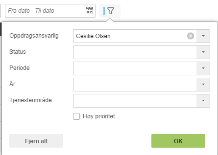 Filterdialog oppgaver: Cesilie Olsen ansvarlig, Status, Periode, År, Tjenesteområde, Høy prioritet. OK og Fjern alt.