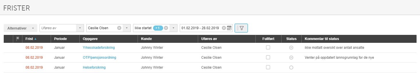 Frister-tabell: forsikringer januar 2019, status ikke mottatt/venter oppdatert lønngrunnlag