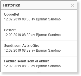 Historikk-dialogboks: Opprettet, Postert, AvtaleGiro sendt, Faktura eFaktura sendt 12.02.2019 av Bjernar Sandmo