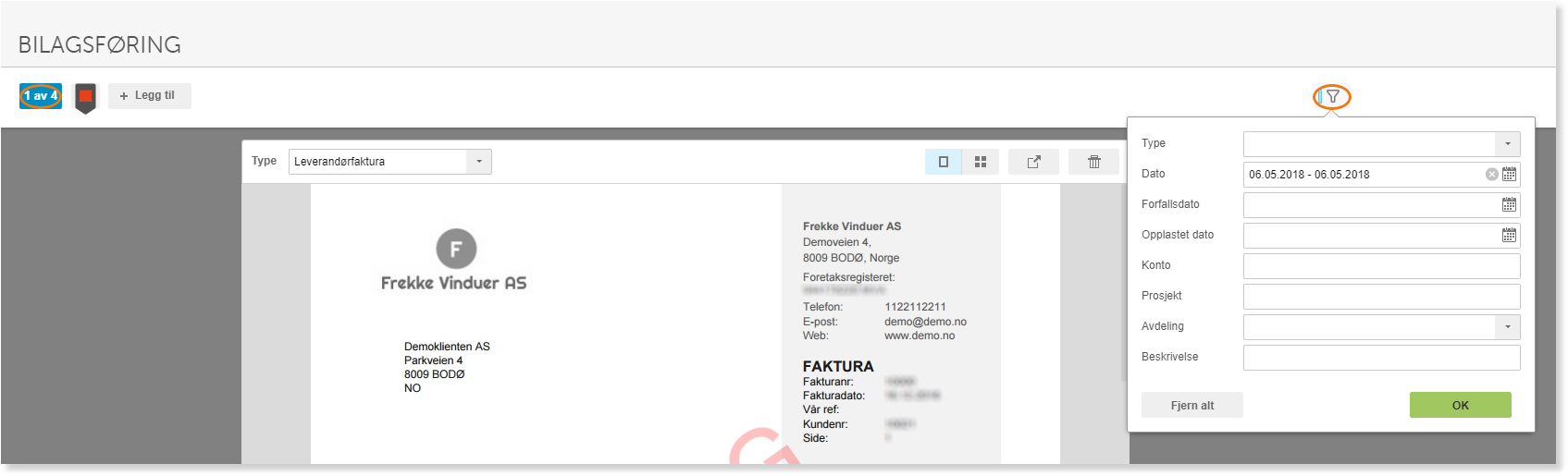 Bilagsføring: leverandørfaktura Frekke Vinduer AS med fakturaregistreringsskjema → Dato → Konto → OK