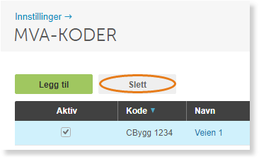 MVA-koder tabell med aktiv kode CBygg 1234 og knappene Legg til og Slett markert