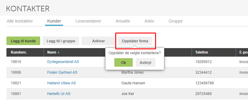 Kunder-liste med dialogboks: «Oppdater de valgte kontaktene?» — knapper Ok og Avbryt