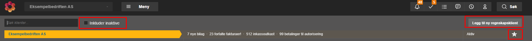 PO Go toppfelt: Eksempelbedriften AS, «Inkluder inaktive» filter, 7 nye bilag, 23 forfalne fakturaer, logg-ny-klient-knapp