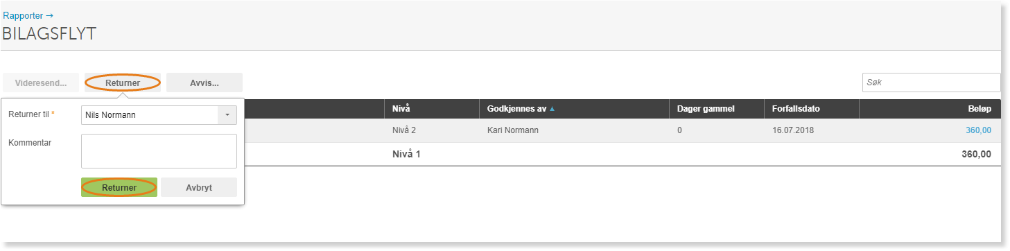 Returner-dialogboks med Returner til Nils Normann, Nivå 2 (Kari Normann, 360,00) og Nivå 1