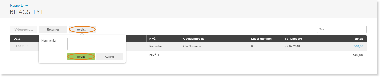 Avvis-dialogboks: Kommentar-felt, grønn Avvis-knapp og Avbryt-knapp med billagsdetaljer