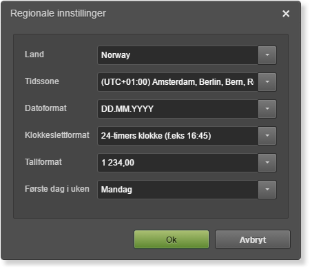 Regionale innstillinger: Norge, UTC+01:00, DD.MM.YYYY-format, 24-timers klokke, mandag første dag