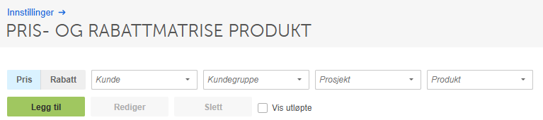 Pris- og rabattmatrise: rullegardiner for Kunde, Kundegruppe, Prosjekt og Produkt med Legg til-knapp