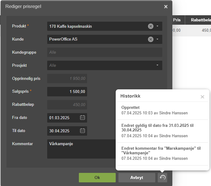 Rediger prisregel: Kaffe kapselmaskin, PowerOffice AS, 1 500,00 kr, 01.03–30.04.2025 + historikk