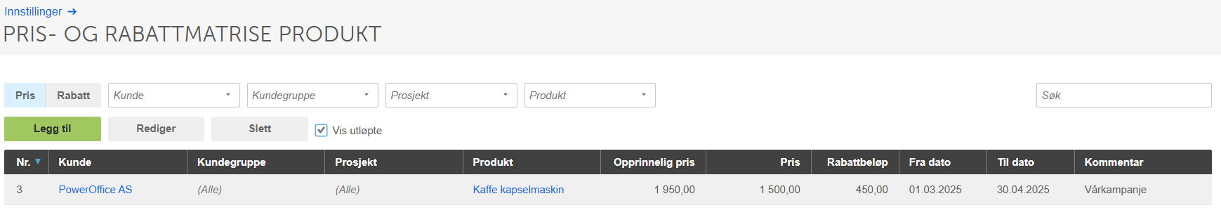 Pris- og rabattmatrise produkt: PowerOffice AS, Kaffe kapselmaskinen, pris 1 500,00, rabatt 450,00