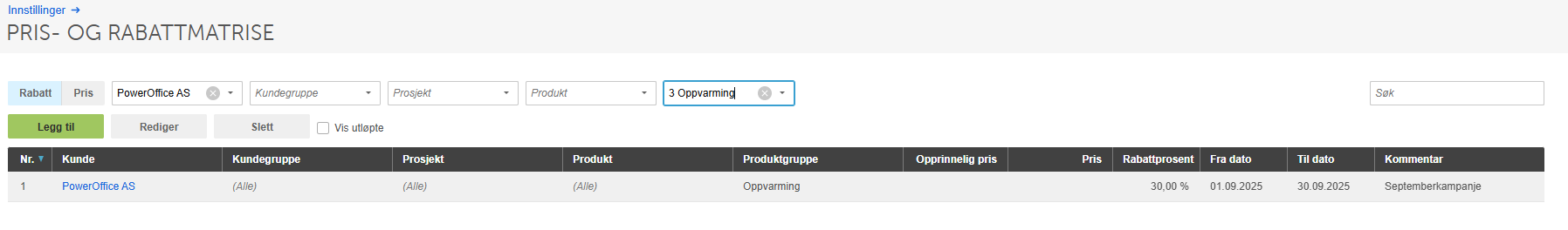 Rabatt-fane: PowerOffice AS med Oppvarming 30,00 % rabatt, gyldig 01.09–30.09.2025