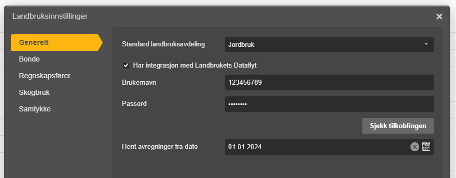 Landbruksinnstillinger → Generelt: Dataflytt aktivert, Brukernavn 123456789, Passord maskert, Avregninger fra 01.01.2024