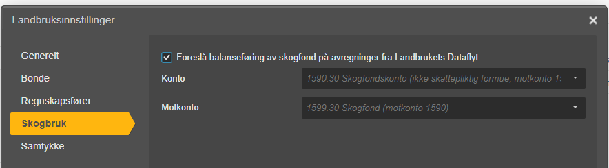 Skogbruk-fane: Foreslå balansefering skogfond aktivert, Konto 1590.30, Motkonto 1599.30