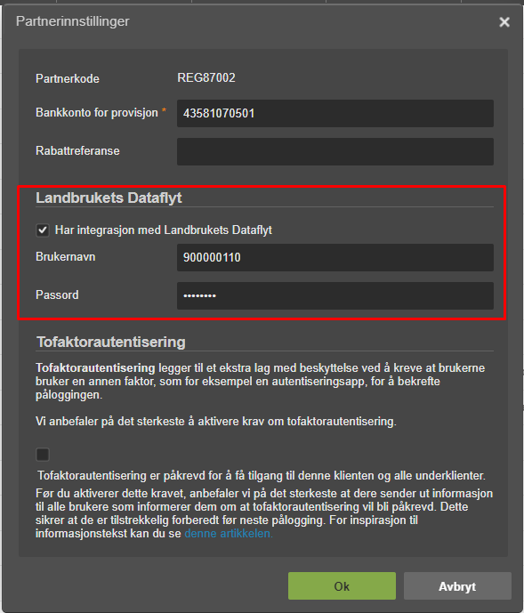 Partnerinntillinger → Landbuktes Dataflyt: Integrering aktivert, bruker 900000110, 2FA
