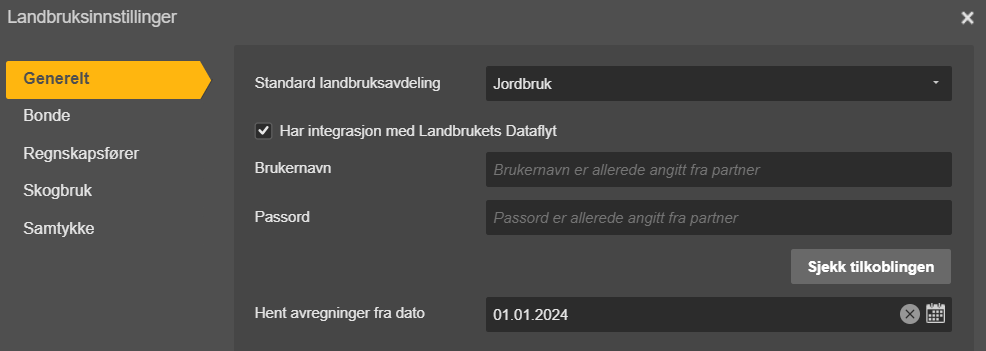 Landbruksinnstillinger, Generelt: integrasjon Landbrukets Datafylt aktiv, Jordbruk-valg, dato 01.01.2024