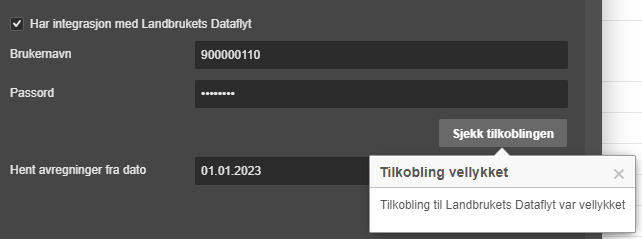 Tilkobling vellykket-dialog bekrefter forbindelse til Landbrukets Datafylt