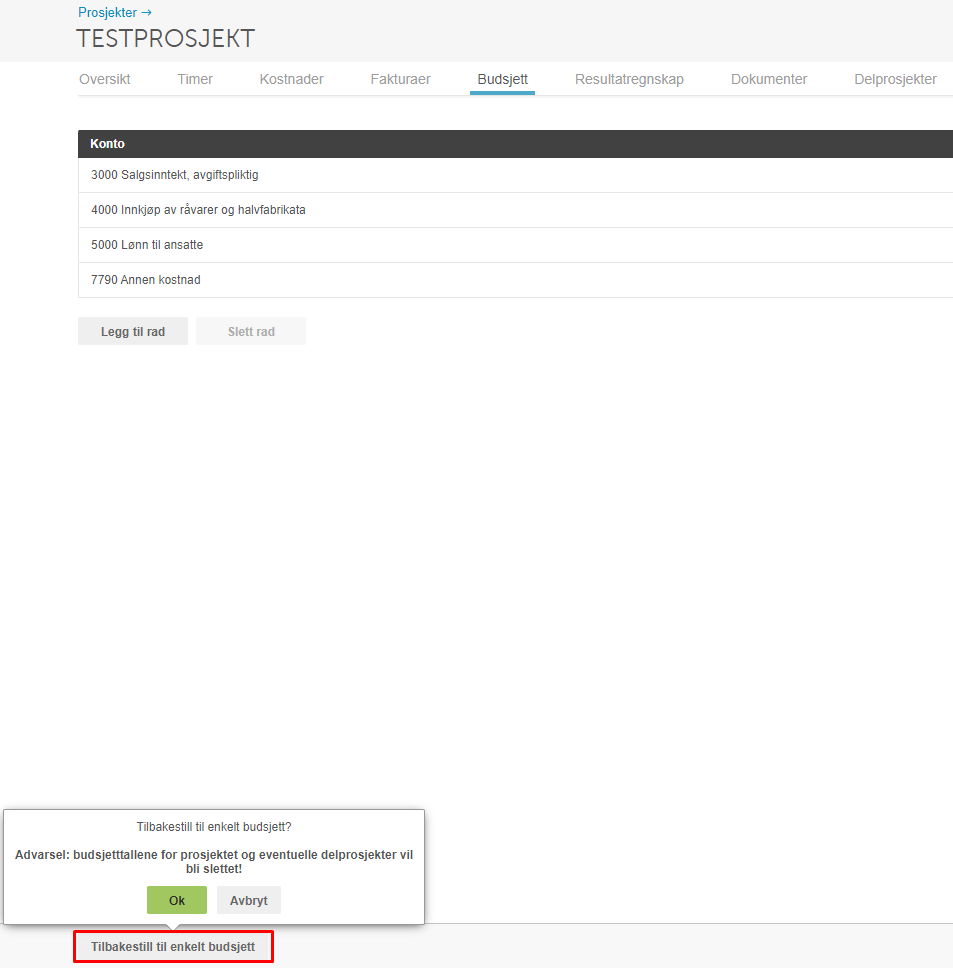 Budsjettfanen for TESTPROSJEKT med kontoliste og dialogboks «Tilbakestill til enkelt budsjett?» og Ok/Avbryt-knapper