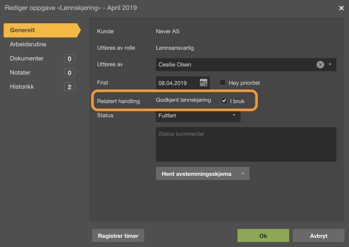 Lønnssak Never AS – Cesilie Olsen – Frist 08.04.2019 – Status Fullført, Godkjent lønnskjøring aktivert