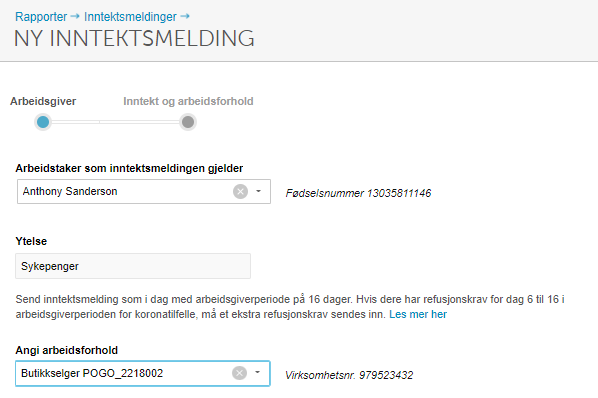 Inntektsmeldingsskjema med Arbeidsgiver Anthony Sanderson, Yrkespensjoner felt, og Butikkseigler POGO_2218002
