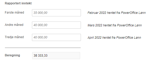 Rapportutdrag: månedsrapport februar-april 2022 fra PowerOffice Lønn, beløp 35-40k, gjennomsnittsberegning 38.333,33