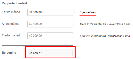 Rapportinntekt: Første måned 30.000, andre 40.000, tredje 40.000 = Beregning 36.666,67