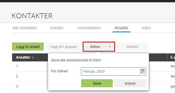 Dialog Send arbeidsforhold til Altinn med dato februar 2020 og Send-knapp
