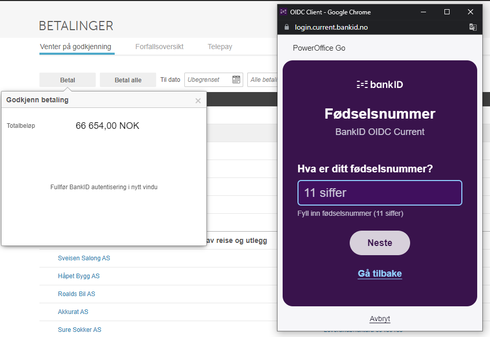 BankID innlogging: Godkjenn betaling 66 654 NOK ved å registrere 11-sifret fødselsnummer