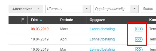 Lønnsliste mars–mai 2019 med Lønnsuтbetaling-kolonne og GO-knappane i raudt